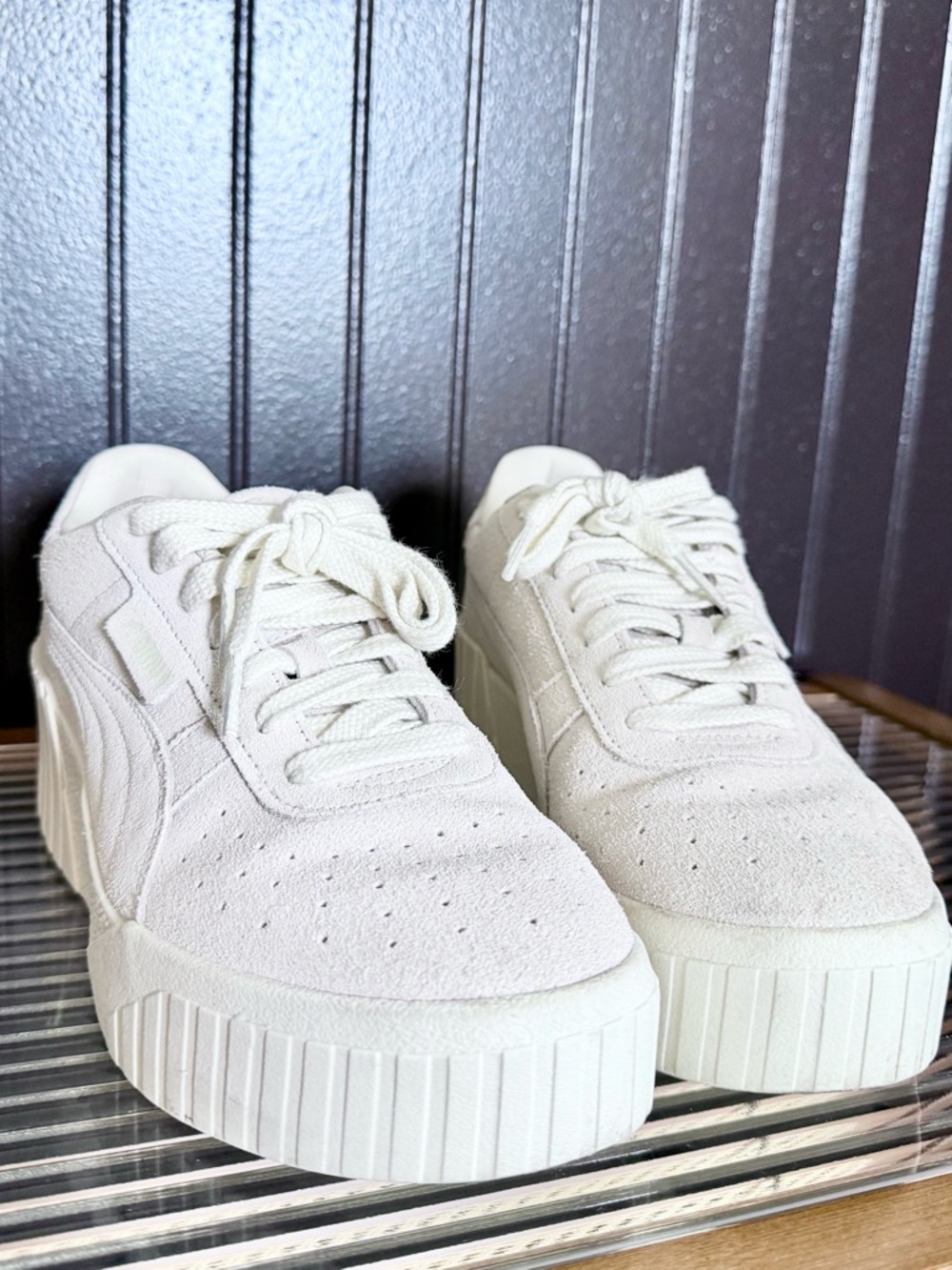 Women's Cream Platform Sneakers - Minimal Suede Lace-Up